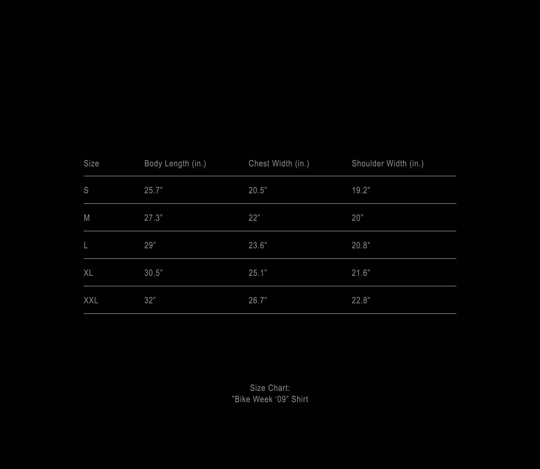 Bike Week '09 T-Shirt size chart